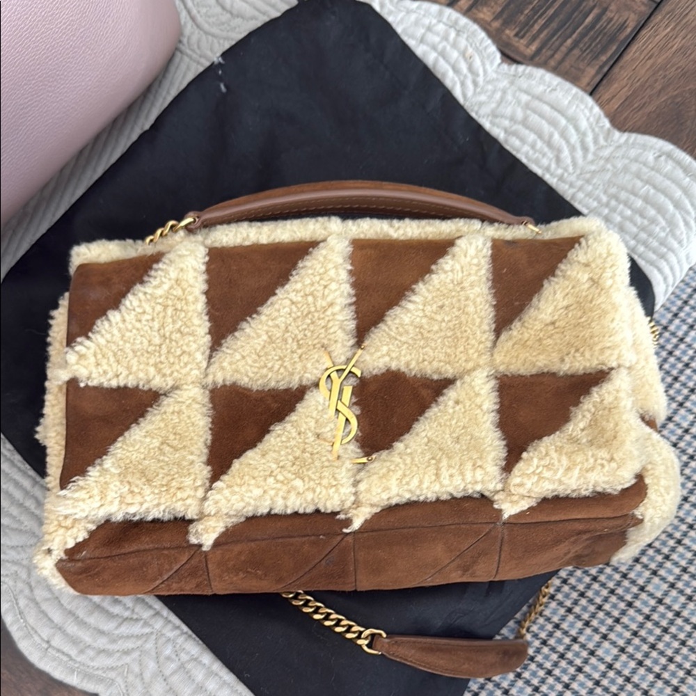 Yves Saint Laurent Brown and Cream Geometric Shoulder Bag